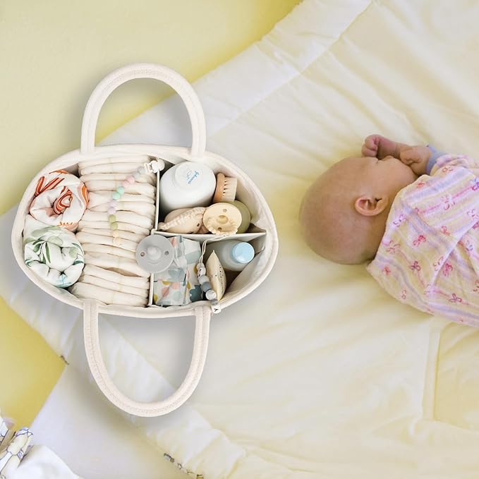 Large Baby Diaper Caddy Organizer for Girl Boy Rope Nursery Storage Bin Basket Portable Holder Tote Bag for Changing Table Car Travel Baby Shower Gifts Newborn Registry Must Haves