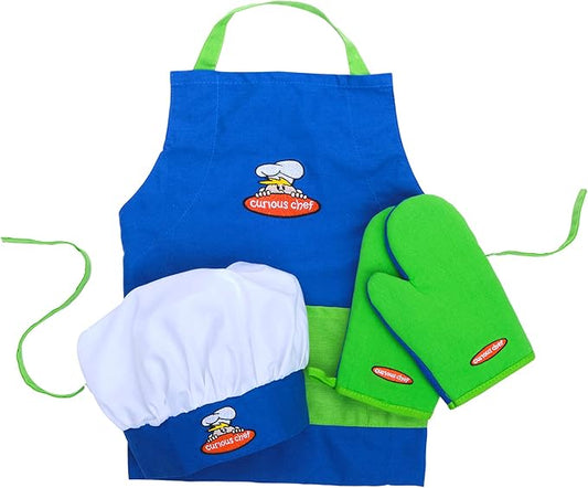 Curious Chef 4-Piece Child Textile Set for Kids and Toddlers, Blue and Green Child-Sized Apron, Oven Mitts and Chef’s Hat, Real Kitchen Wear Cooking Kit