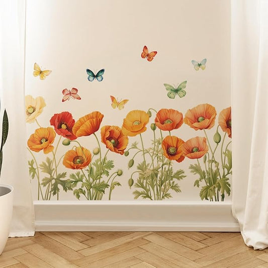 Poppies Wall Stickers for Kids Bedroom -Butterfly Flowers Wall Decals for Girls Room,Classroom,Nursery, Playroom- Removable DIY Peel and Stick Wall Art Decor