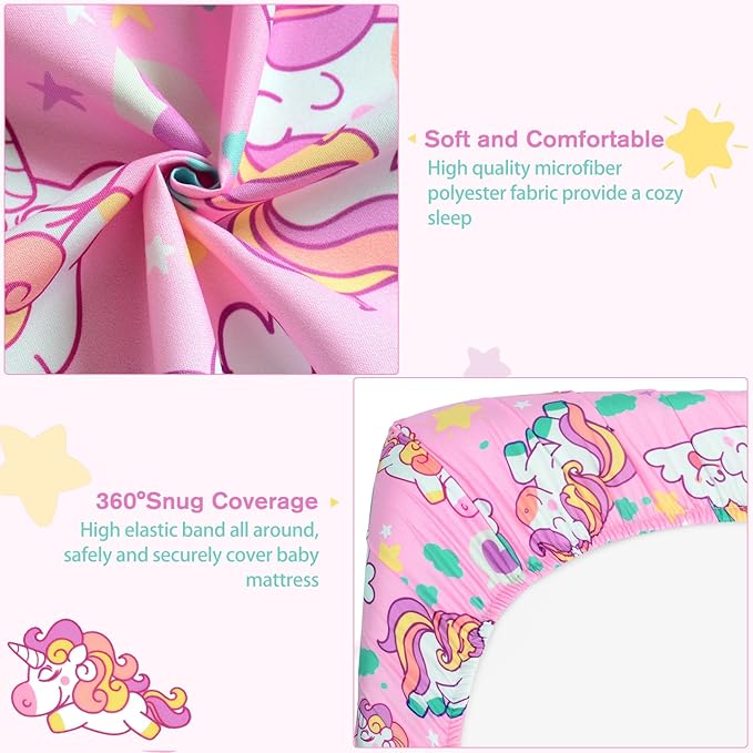 JISEN Baby Crib Sheets Soft Breathable Unicorns Fitted Crib Sheets Pink Baby Sheet for Standard Crib and Toddler Mattress Baby Bed Sheets for Crib for Baby Boys Girls Neutral 52x28 Inch