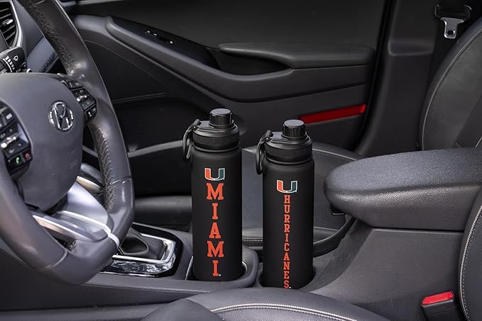 Miami Hurricanes Water Bottle - Black Double Walled Stainless Steel 24 oz Keeps Drinks Cold or Hot