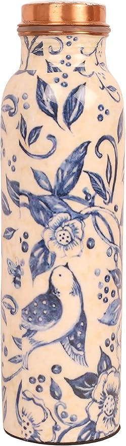 Pure Copper Water Bottle - Handcrafted - Ayurveda health benefits - Large 35 oz - Leak proof, Easy to carry for Sports, Fitness, Yoga, School- White Base Indigo Blue Floral Textured Enamel