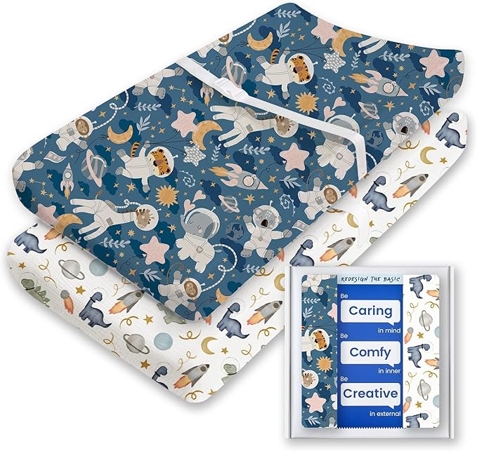 Changing Pad Cover for Girls Boys, TotBasic Premium Soft Boho Changing Table Covers, Stretchy Jersey Changing Table Sheets - Fits All Standard Changing Tables - 2 Pack (Dino Space)