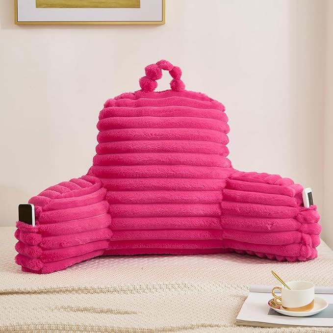 Faux Fur Fluffy Hot Pink Reading Pillow with Pockets, Luxury Striped Plush Decorative, Arm Rests and Back Surport for Bed Rest, Lounging on sofa, Large