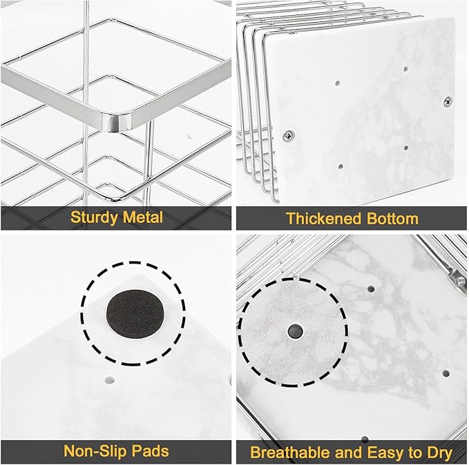 Square Kitchen Utensil Holder, Sturdy Metal Rack for Countertop Storage, Cooking Tools Organizer with Drainage Hole, Stylish Utensil Caddy for Effortless Kitchen Organization, with Marble Base
