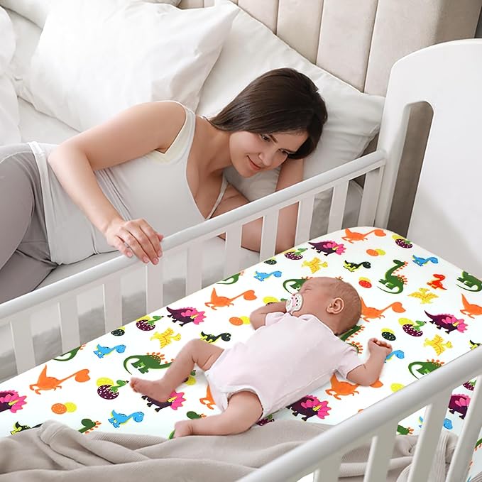 JISEN Baby Crib Sheets Soft Breathable Dinosaurs Fitted Crib Sheets Baby Sheet for Standard Crib and Toddler Mattress Baby Bed Sheets for Crib for Baby Boys Girls Neutral 52x28 Inch