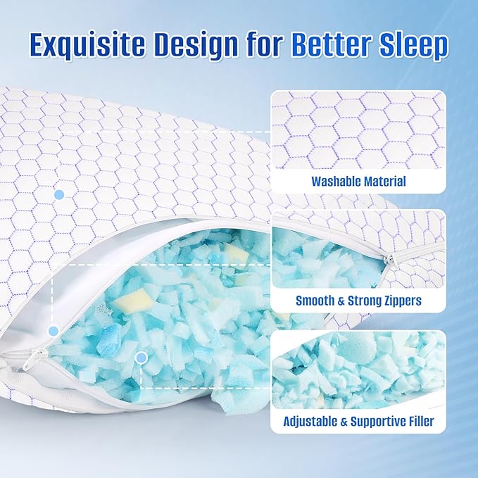 Shredded Foam Pillow for Sleeping, Cooling Bed Pillows Set of 2, Adjustable Pillows for Side, Back, Stomach Sleepers with Washable Pillowcase (Queen Size, Purple)
