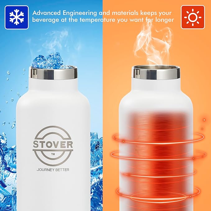 STOVER Insulated Water Bottle, 16oz Stainless Steel Double Wall Vacuum Wide Mouth Leakproof Twist Lid, Ideal for Sports, Travel & Daily Use (White)