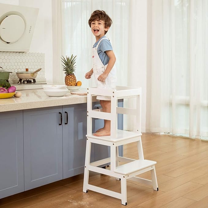 Kitchen Step Stool for Toddlers and Kids with Safety Rails for Kitchen Counter Solid Wood (White)