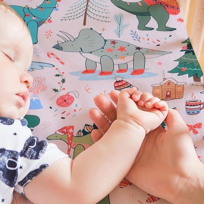 JISEN Christmas Crib Sheet Dinosaurs Fitted Crib Sheets 1 Piece Soft Baby Crib Sheets for Standard Crib and Toddler Mattress Pink Baby Bed Sheets for Crib for Baby Boys Girls Neutral 28x52 Inch
