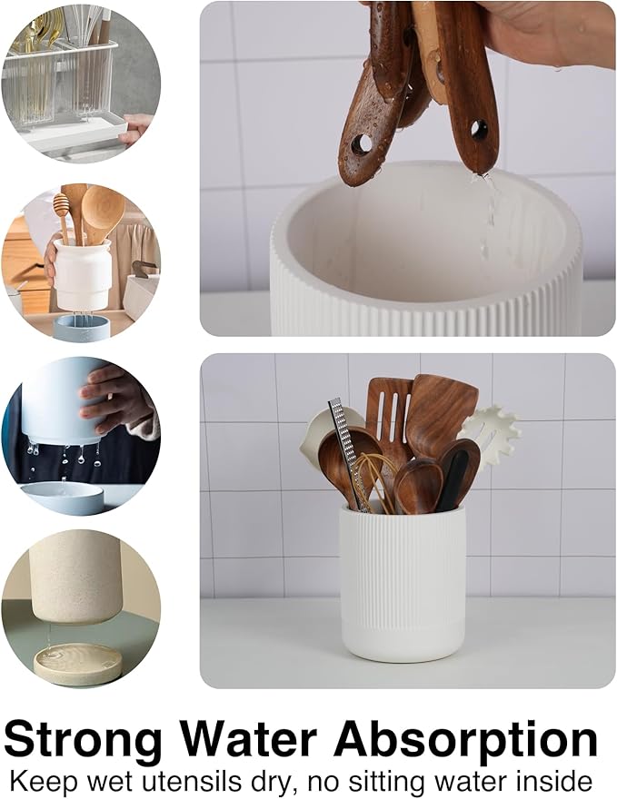 Instant Dry Stone Utensil Holder for Kitchen Counter, H7" Large Diatomite Kitchen Utensil Holder for Countertop, Cooking Utensil Crock with Water Absorbent, Farmhouse Kitchen Counter Decor,White