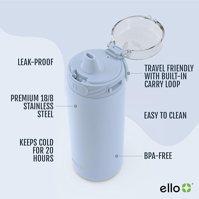Ello Cooper 18oz Kids Stainless Steel Water Bottle with Straw and Carry Handle, Double Walled and Vacuum Insulated Metal, Leak Proof Locking Lid with Soft Silicone Spout, BPA Free, Halogen Blue