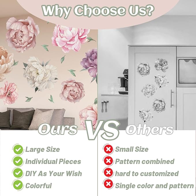 9 Pieces Large Peony Watercolor Wall Decals Peel and Stick, Oppro Big Size Floral Peonies Blossom Colorful Flower Leaves Wall Stickers Decor for Living Room Bedroom Kids Room Decoration, Pink Purple