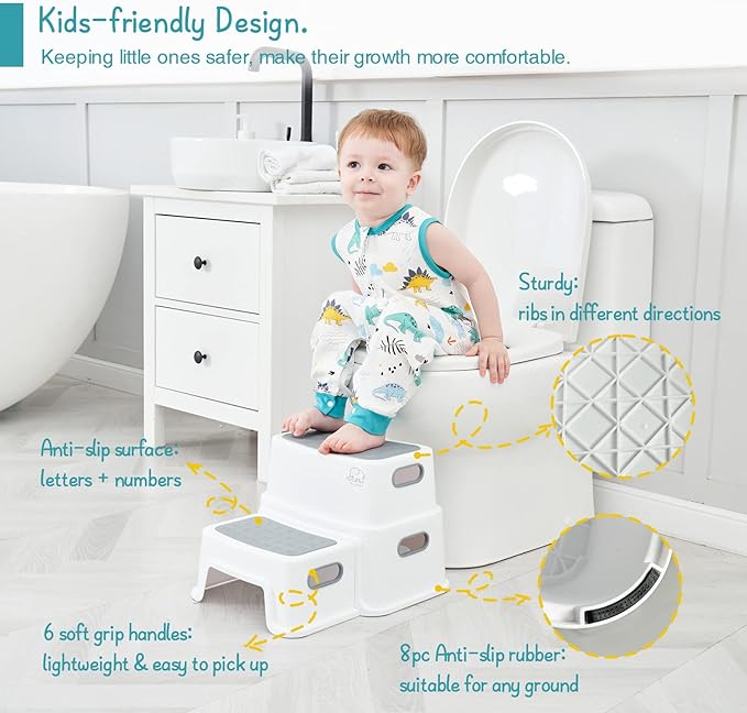 Forbena Toddler Step Stool for Bathroom Sink, 2 Step Stool for Kids Toilet Potty Training, Non-Slip Toddlers Baby Child Kid Plastic Poop Stools with Handle for Kitchen Counter Bed (White-Grey)