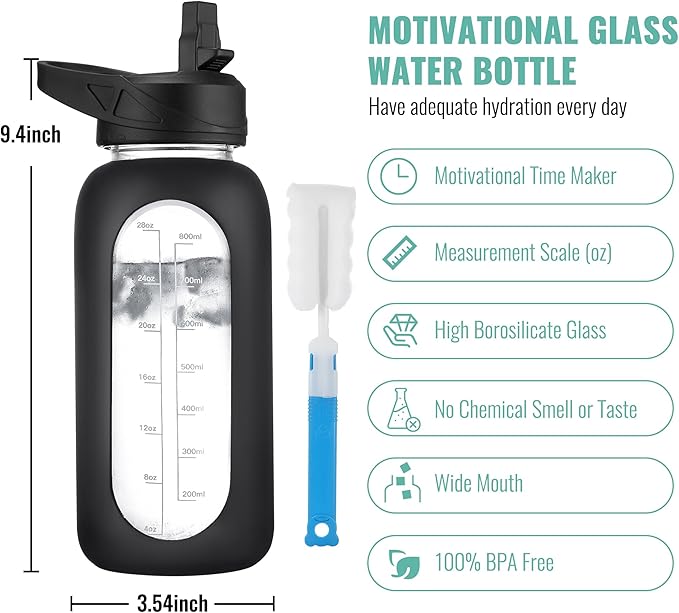 CIVAGO 32 oz Glass Water Bottle with Straw and Handle, Large Sports Motivational Water Bottle Flask with Time Marker, Leakproof Water Jug Canteen with Silicone Sleeve for Gym,Light Blue