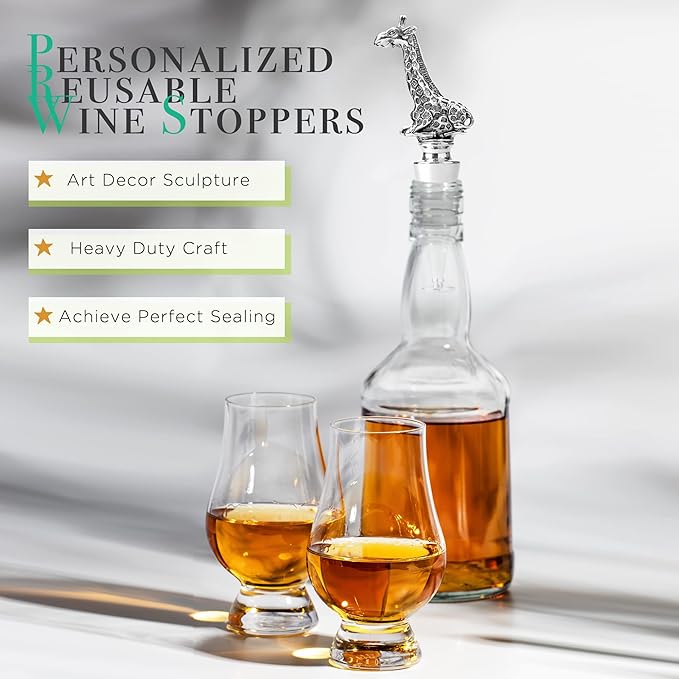 Homestia Wine Bottle Stoppers for Glass Bottles, Giraffe Bottle Stopper Reusable Wine Corks Wine Tool, Zinc-Alloy Silicone Wine Stoppers, Wine Toppers with Decors