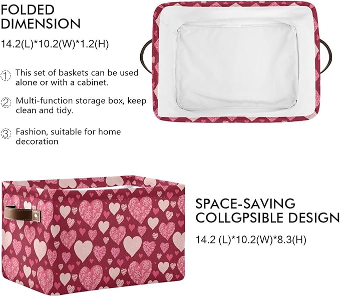 Happy Valentine's Day Storage Basket Fabric Kitchen Baskets Valentines Pink Purple Love Heart Open Home Storage Bins Boxes Foldable Organizer Bag Cloth Toy Book Shelf Closet Baskets 16×12×8 Inches