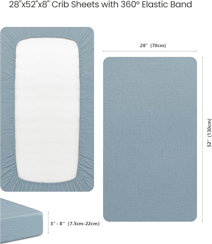 Konssy Muslin Fitted Crib Sheets 100% Cotton Baby Crib Sheets for Standard Crib Mattress (28 X 52 Inches), Soft and Breathable for Boy, Girl (Air Blue)