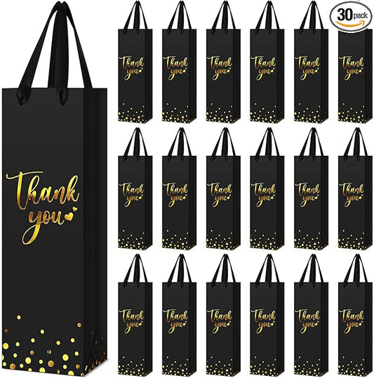 Ctosree 30 Pcs Wine Gift Bag for Wine Bottle Wedding Wine Thank You Gift Bag with Metallic Gold Foil Print Kraft Wine Paper Favor Bag with Attractive Rope Handle for Graduation Bottle(Black)