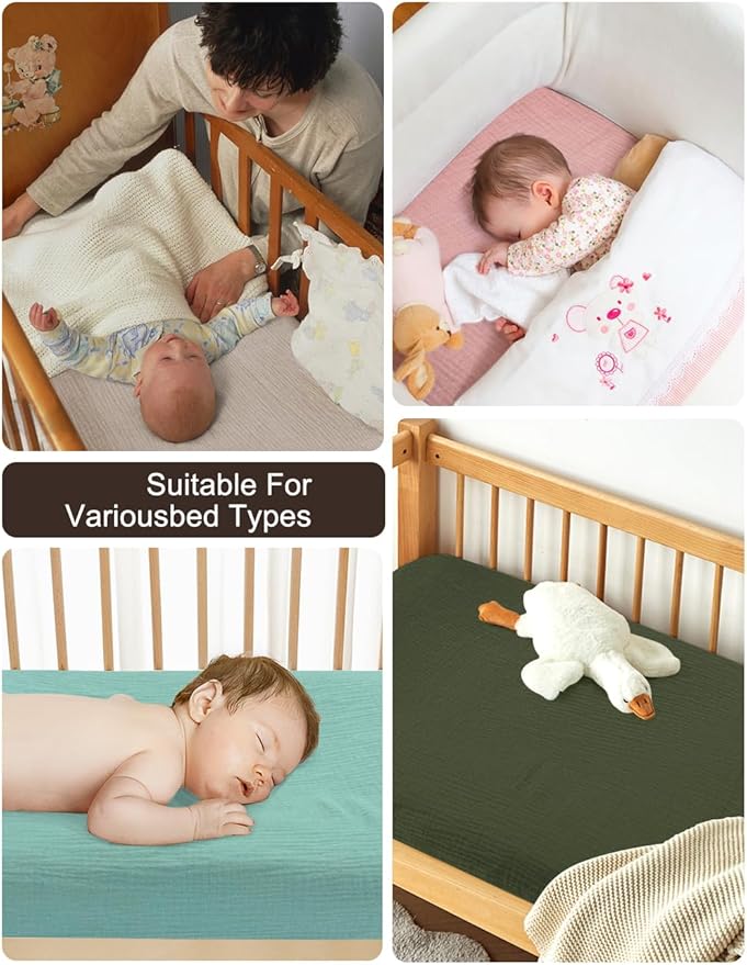 Olive Green Baby Crib Sheets, Soft Muslin Baby Crib Sheets for Standard Crib Mattress, 28" x 52" Neutral Cotton Toddler Bed Sheet (46C-10)