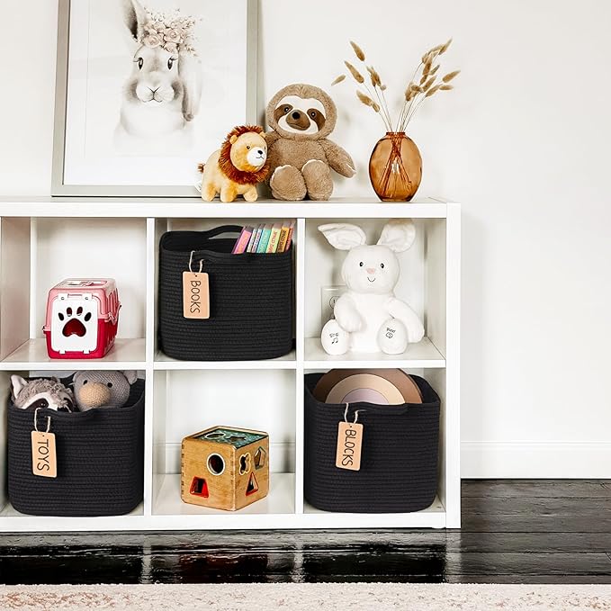 Goodpick Black Basket, Woven Baskets for Storage, Toy Baskets Storage Kids, Towel Basket with Handles, Storage Baskets for Shelves, Living Room, Bathroom, 13 x 10 x 9 Inches