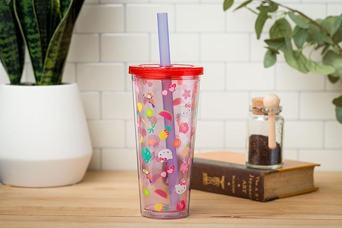 Silver Buffalo Sanrio Hello Kitty Tropical Summer Plastic Boba Tumbler with Lid and Wide Straw, 24 Ounces