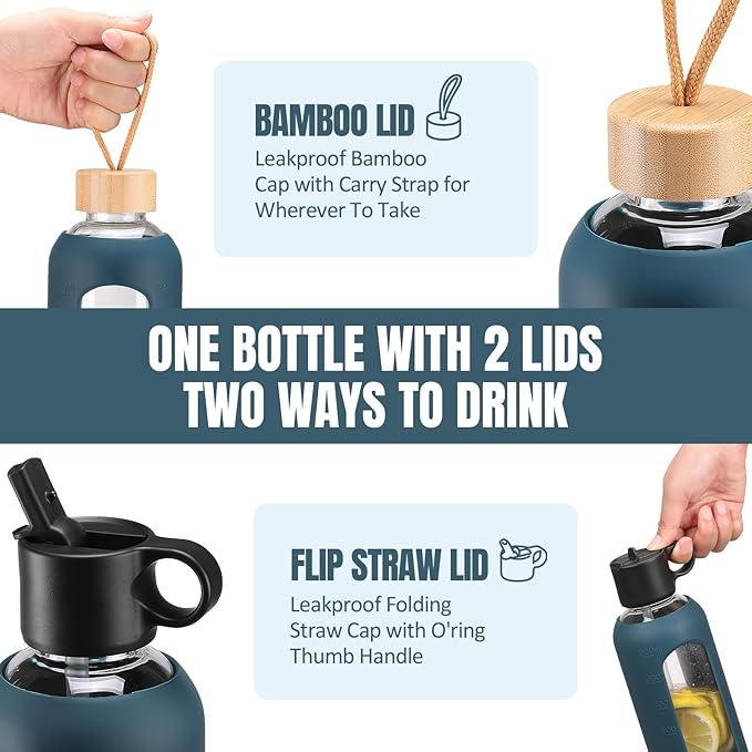 32oz Glass Water Bottle With 2 Lids-Flip Straw Lid, Bamboo Lid, Glass Water Bottle With Silicone Sleeve, Motivational Time Marker, Glass Juice Bottle for Cold Drink,Navy Blue