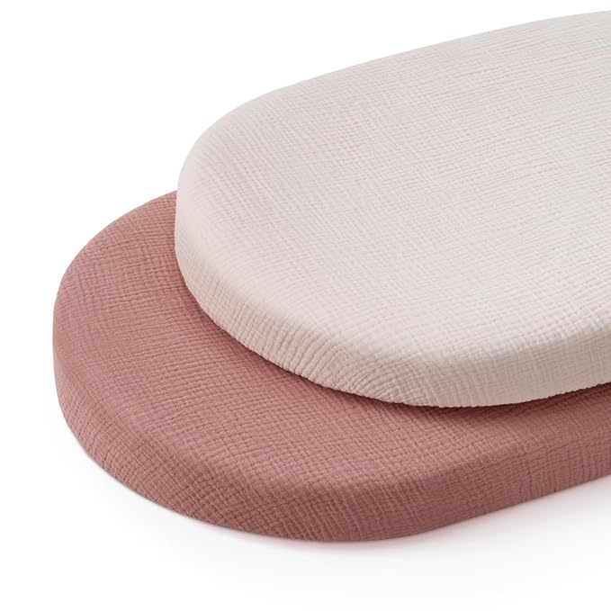 Blissful Diary Muslin Bassinet Sheets for Baby Girls Boys, Boho Soft Cotton Fitted for Oval Hourglass Rectangle Mattress, 2 Pack(Dusty Pink&Cream)
