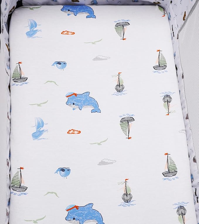 Bassinet Sheets Compatible with Maxi-COSI Iora/Swift Lightweight Portable Bassinet, Angelbliss Bassient, 2 Pack, 100% Jersey Knit Cotton 190GSM, Ultra Soft Breathable, Dolphin and Whale