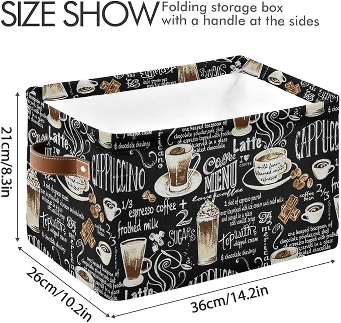 Wamika Black Coffee Beans Storage Basket Fabric Laundry Baskets Cappuccino Latte Chocolate Cocoa Storage Boxes Organizer Bag for Baby Cloth Dog Toy Book Storage Cubes Shelf Closet Bins 16x12x8 Inches