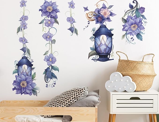 Hanging Flower Vine Wall Stickers Floral Lamp Wall Decals DIY Removable Peel and Stick Flower Vine Mural Art Decor for Living Room Bedroom TV Background Spring Party Decoration (Blue)