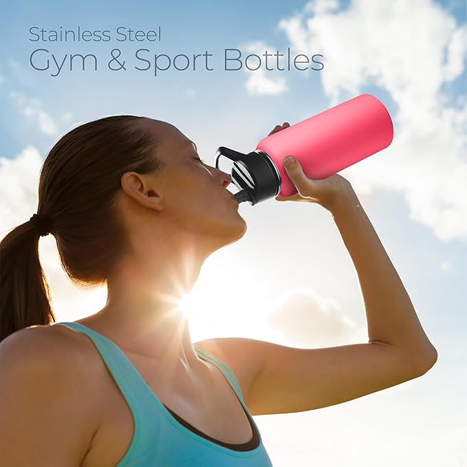 SipX™ Triple-Insulated Stainless Steel Water Bottle 32oz. With 3 Lids, BPA-Free Reusable Insulated Water Bottle Keeps Cold 24 Hours, Metal Water Bottle Made Of Sustainable Material For Hiking & Biking