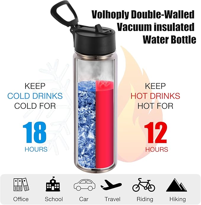 Volhoply 24oz Insulated Water Bottle With Straw Bulk 3 Pack,Metal Wide Mouth Water Bottles With Handle Lid Keep Cold,Reusable Double Wall Thermos,Powder Coated Sport Bottle For Holder(Silver,3 Count)
