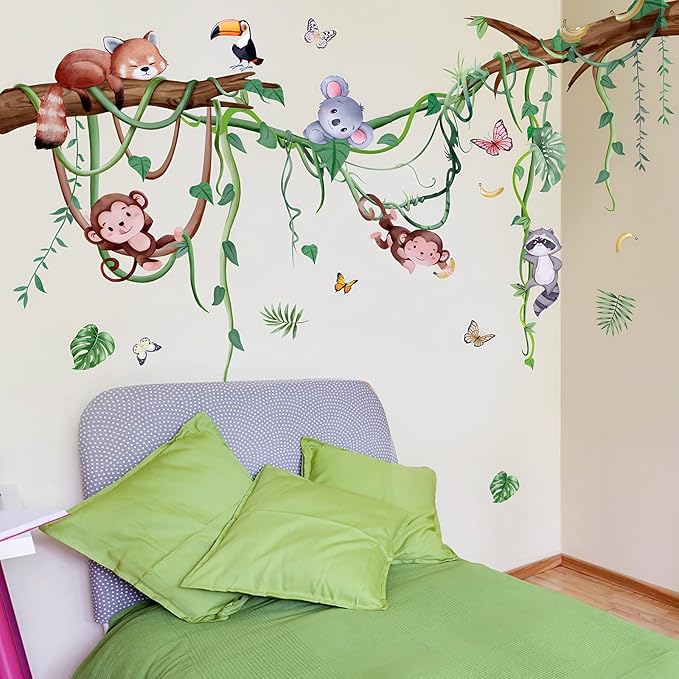 Removable Jungle Animals Wall Decals Peel and Stick Safari Monkey Climbing Tree Wall Stickers Vinyl Sloth Butterfly Vine Mural Art Decor for Kids Nursery Bedroom Living Room Sofa TV Wall