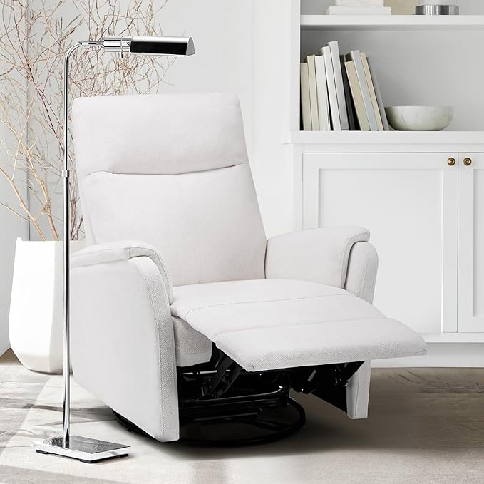 Swivel Rocking Recliner Glider Chair, Upholstered Fabric Reclining Rocker Chair with Footrest for Living Room, Nursery, Office, Bedroom, Ergonomic High Backrest, Wide Seat Cushion and Metal Base-White