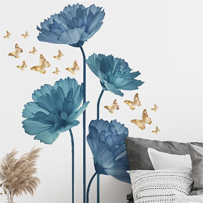 Waterproof Removable Vinyl Flowers Butterfly Wall Decal Wall Sticker Decorations Nursery Kidsroom School Classroom Livingroom Bedroom Bathroom Blue