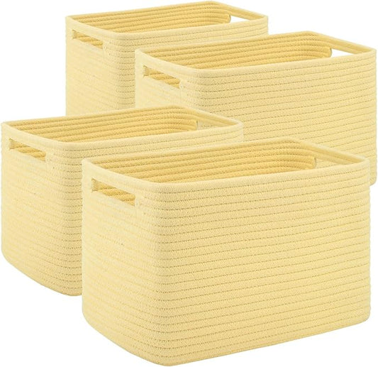 4 Pack Storage Baskets for Organizing Toys, Towels, and Clothes, Woven Basket for Shelves, Durable Nursery Cube Bins for Storage, 13''L x9''W x7.8''H, Yellow