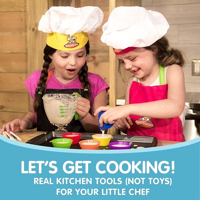 Curious Chef 11-Piece Pink and Green Chef's Kit for Kids, includes Real Cooking and Baking Tools, Dishwasher Safe and Made with BPA-Free Plastic