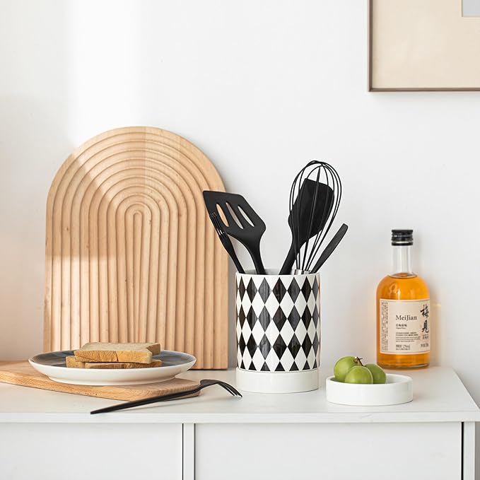 Small Utensil Holder for Kitchen Counter 4.1 x 6 Inches Ceramic Cooking Utensil Crocks Countertop Organizer Vintage Farmhouse Kitchen Decor Caddy,Diamond