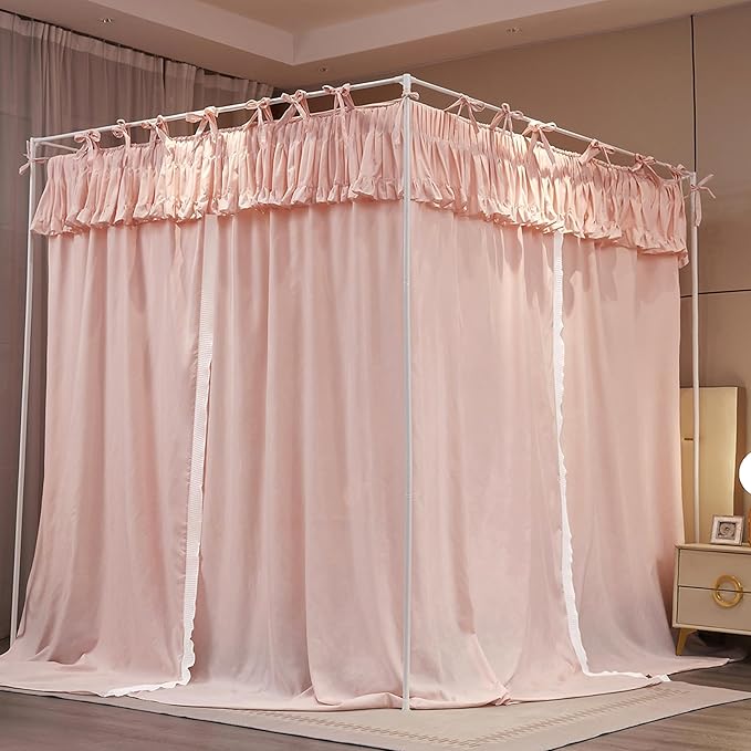 4 Corners Post Princess Ruffle Curtain Bed Canopy Lace Up Elastic Cozy Breathable Tent Mosquito Net for Girls Bedroom Decoration(Pink, 47-53" W*78" L*82"*H/Full)