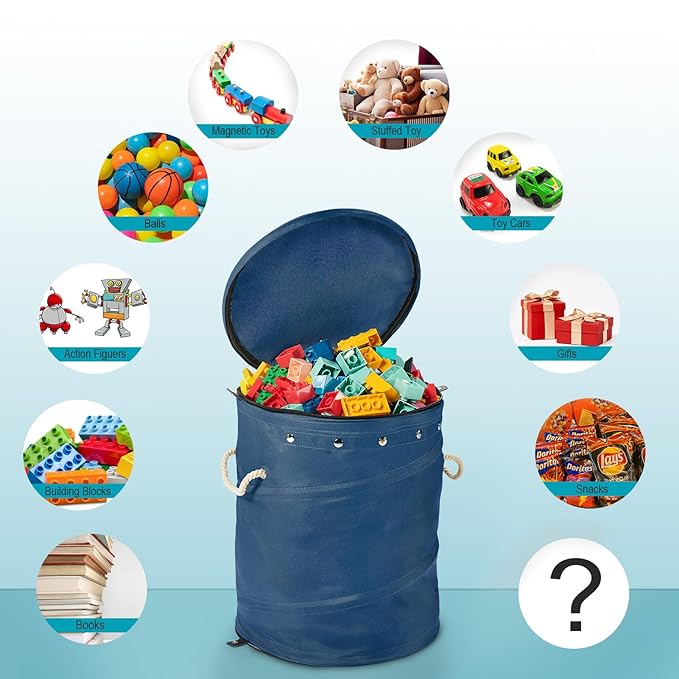 Toy Storage Basket and Play Mat for Kids - Foldable Toy Storage Organizer Bins with Lids - Kids Toy Box Chest for Building Blocks, Boys, Girls, Nursery, Playroom, 12.6''x12.6''x15.5''(Blue)