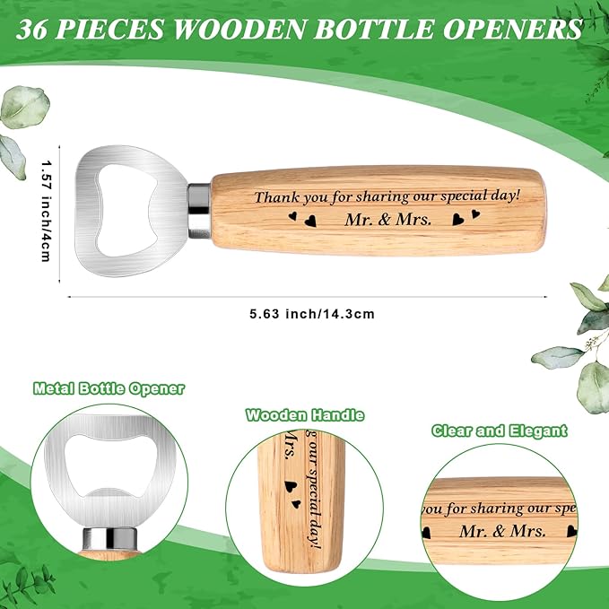 Barydat 36 Sets Wedding Favors for Guests Mr and Mrs Wooden Wine Stopper Cork Beer Bottle Opener with Wedding Thank You Gift Card Organza Bag Wedding Gifts for Engagement Bridal Shower Party Supplies