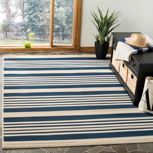SAFAVIEH Courtyard Collection Accent Rug - 4' x 5'7", Navy & Beige, Non-Shedding & Easy Care, Indoor/Outdoor & Washable-Ideal for Patio, Backyard, Mudroom (CY6062-268)