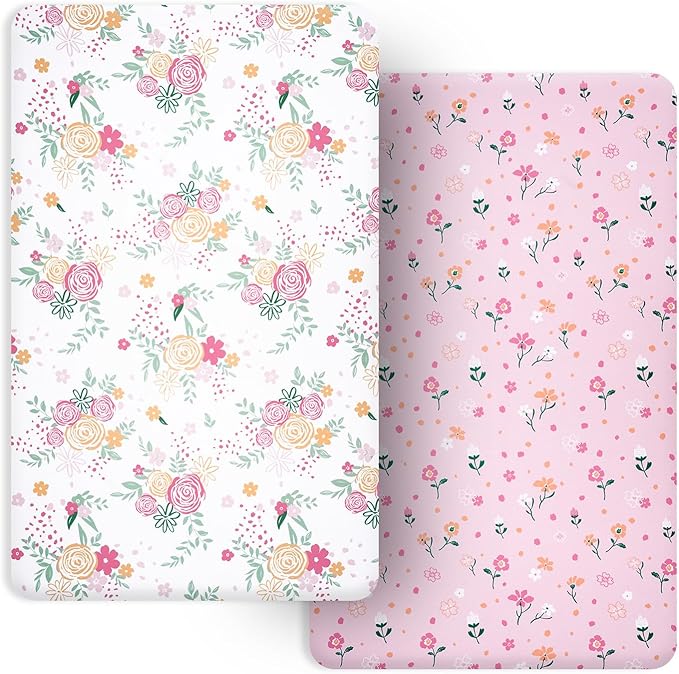 PHF Soft Mini Crib Sheet Set, 2 Pack Silky Comfy Pack N Play Sheets for Boys Girls, Universal Fit for Pack N Play, Playard and Mini Crib Mattresses, Rose Floral