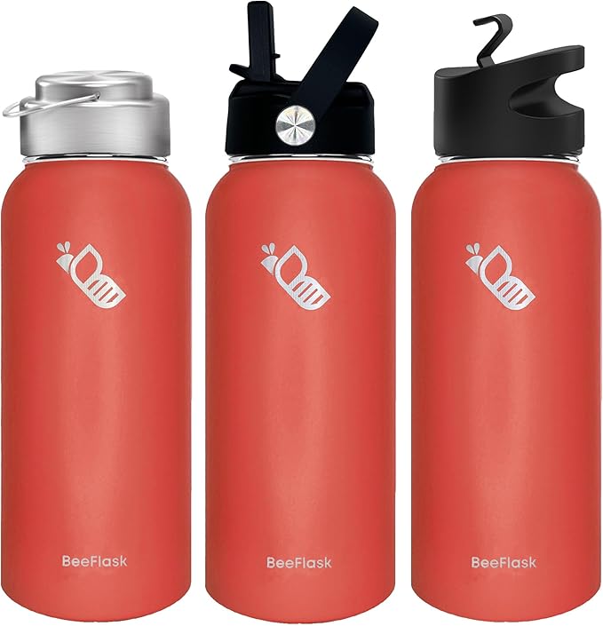 Sports Water Bottle - 32 Oz, 3 Lids (With straw), 50 Cute Stickers, Vacuum Insulated, 308 Stainless Steel, with a Portion of Sales Supporting Bee Conservation Efforts (Watermelon)