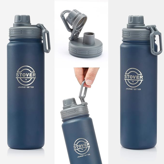 STOVER 25oz Insulated Water Bottle, Wide Mouth Double-Walled Stainless Steel- Vacuum Sealed, Leakproof, Durable, Slim Design Fits in Cup Holder- Flip Top Lid/Spout for Travel- Women/Men (Navy Blue)