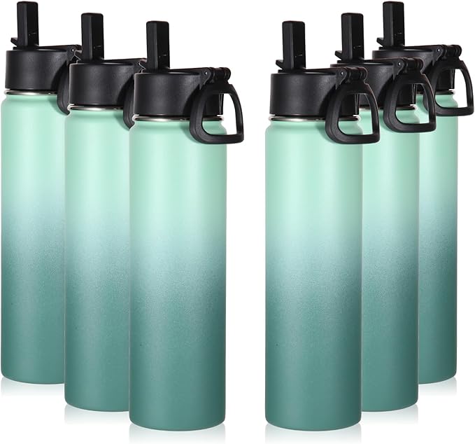 Volhoply 24oz Insulated Water Bottle With Straw Bulk 6 Pack,Metal Wide Mouth Water Bottles With Handle Lid Keep Cold,Reusable Double Wall Thermos,Powder Coated Sport Bottle For Holder(Mojito,6 Count)