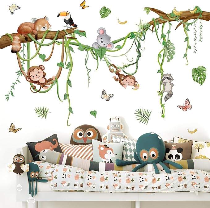 Removable Jungle Animals Wall Decals Peel and Stick Safari Monkey Climbing Tree Wall Stickers Vinyl Sloth Butterfly Vine Mural Art Decor for Kids Nursery Bedroom Living Room Sofa TV Wall