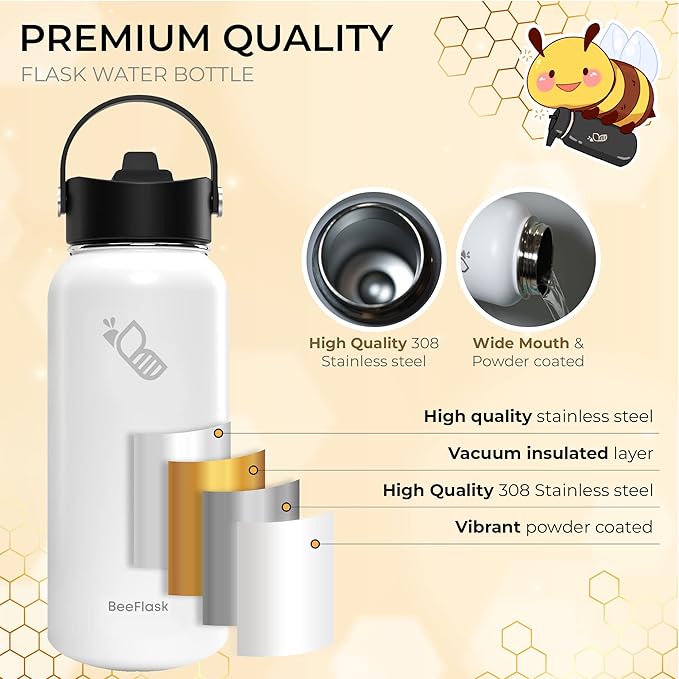 Sports Water Bottle - 32 Oz, Includes 50 Cute Flask Stickers, 3 Lids (With straw), Vacuum Insulated, 308 Stainless Steel, with a Portion of Sales Supporting Bee Conservation | White