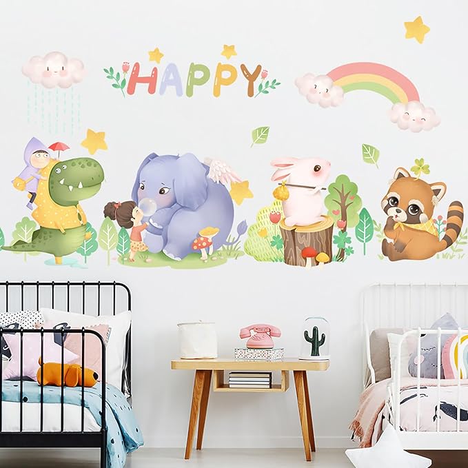 Jungle Cute Animals Wall Stickers Crocodile Elephant Rabbit Civet Cat Wall Decals for Baby Nursery Kids Room Living Room Home Decor